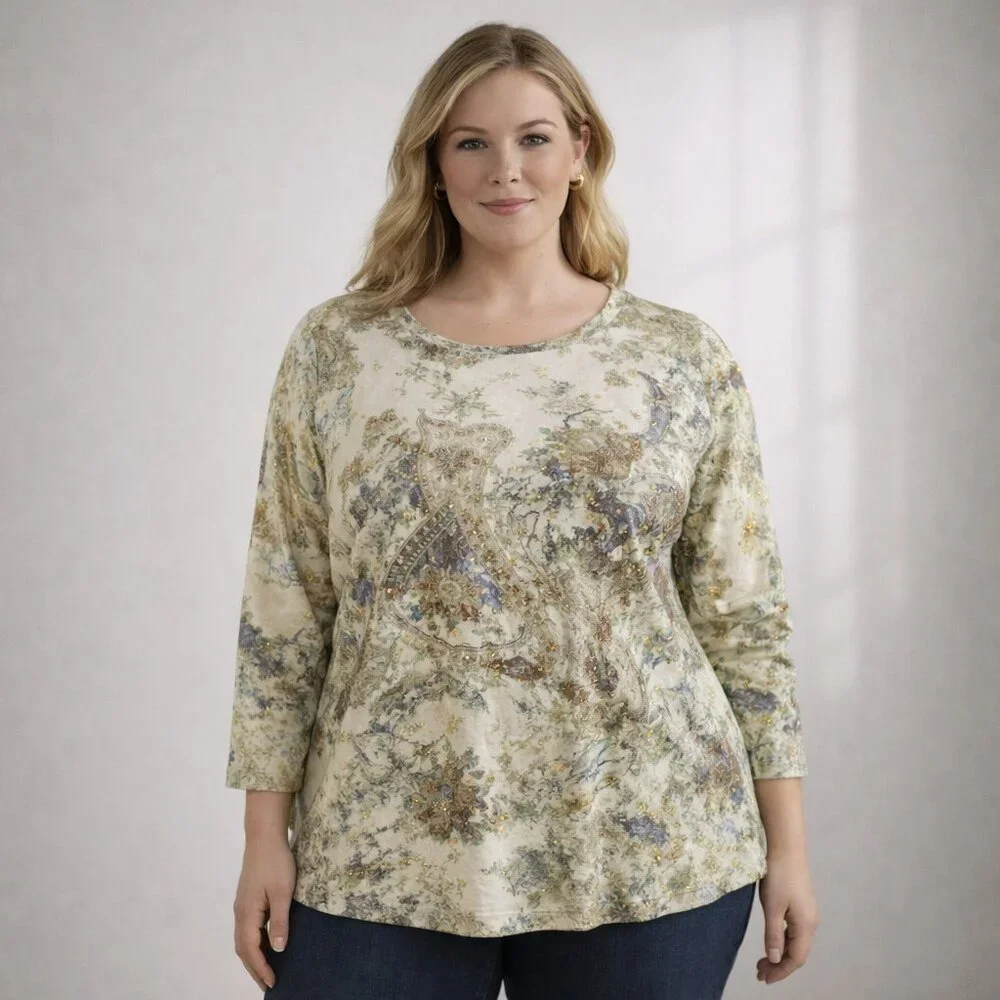 SONOMA XL Embellished Paisley Ribbed Knit Top 3/4 Sleeve Boho Shimmer